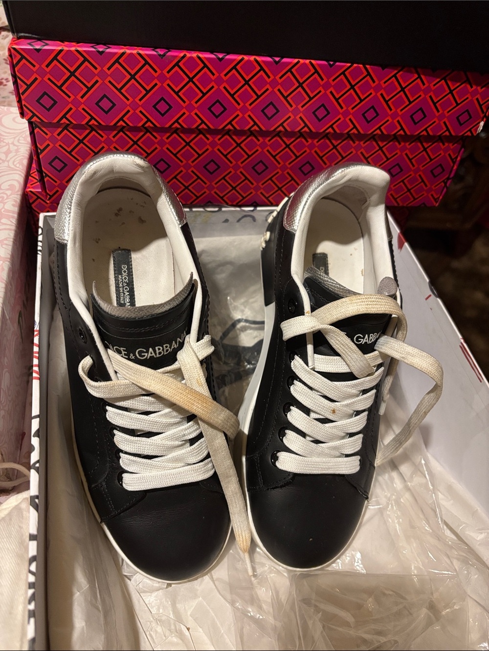 Dolce & Gabbana Black Leather Sneakers with White Laces